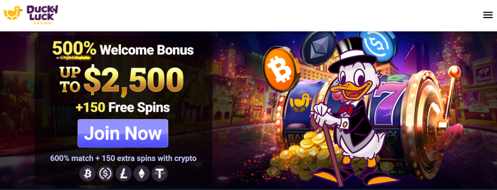 Snapshot of DuckyLuck landing page showing 500% Welcome Bonus up to $2500 DuckyLuck -