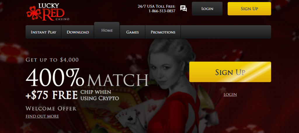 Image of Lucky Red casino's home page featuring 400% match bonus Lucky red - Montana online casinos