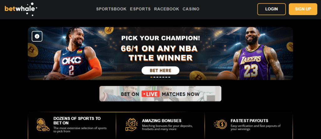 Screenshot of betwhale landing page showing NBA champion promotion betwhale - montala online casinos