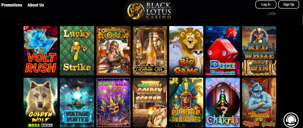 Black Lotus casino image of front page showcasing most popular games Black lotus