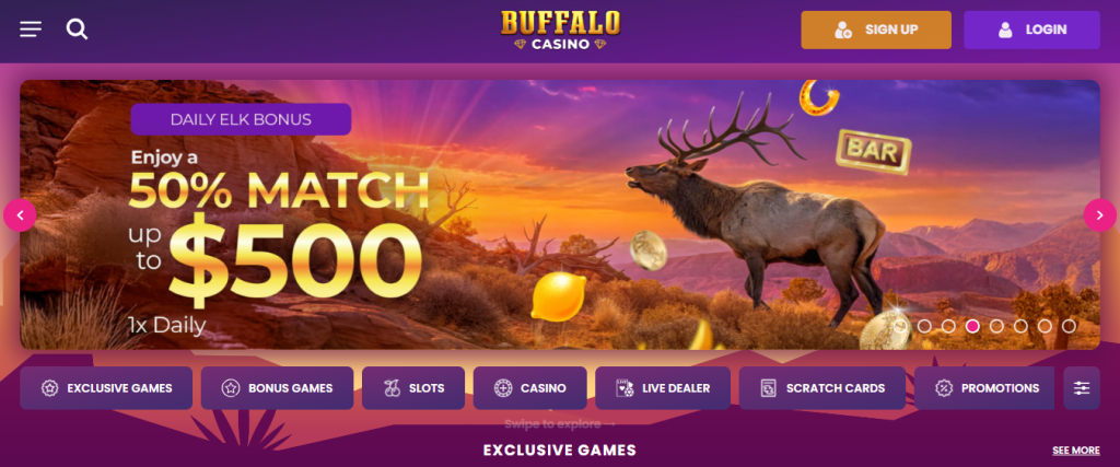 Main page of Buffalo Casino featuring western theme and welcome offer up to $500 buffalo casino