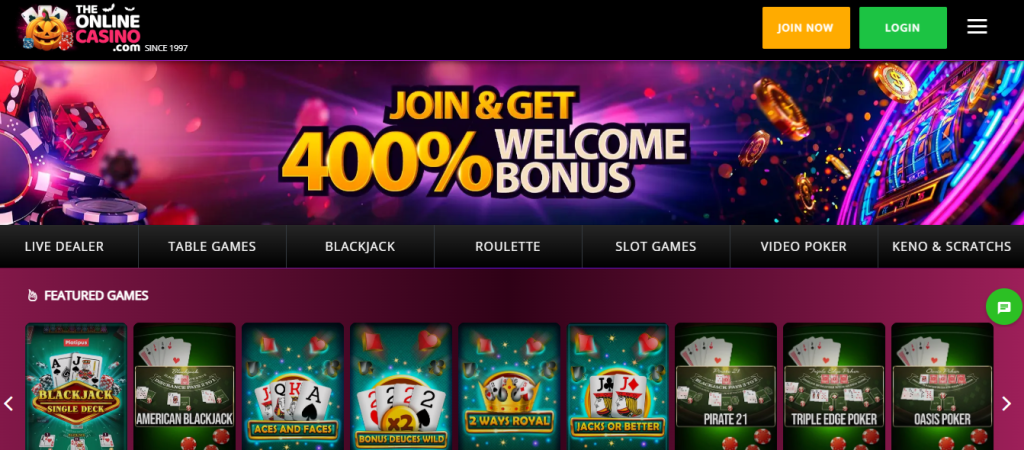 Image of the Online Casino index page showing most popular games The Online Casino